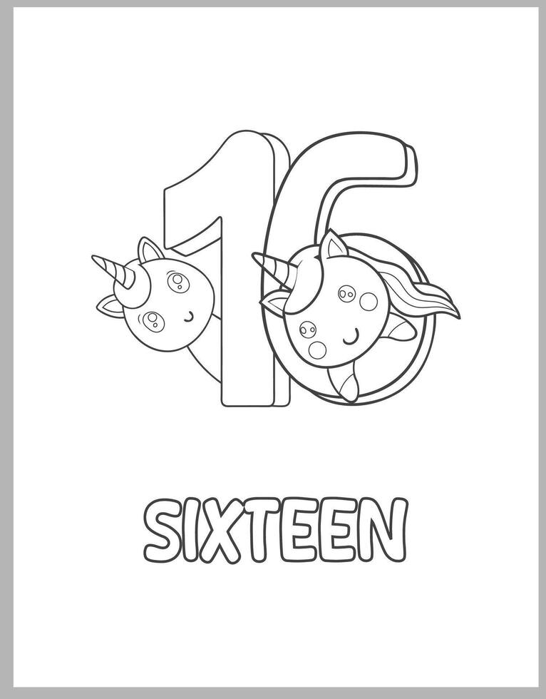 16 Numbers With Unicorns Coloring page vector