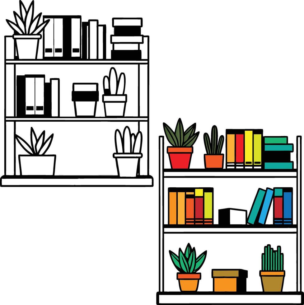 a black and white drawing of a bookcase with books on it vector