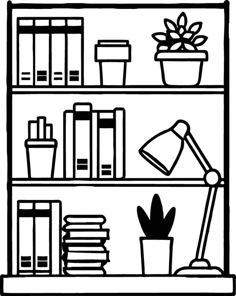 a drawing of a bookcase with a plant on it vector