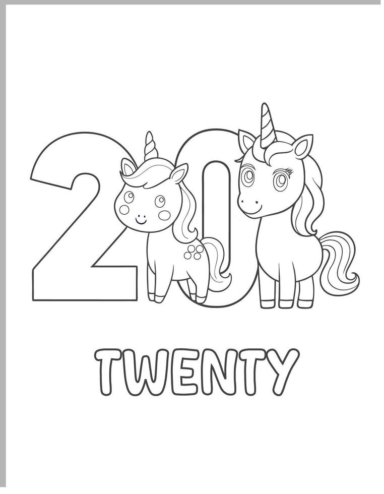 20 Numbers With Unicorns Coloring page vector