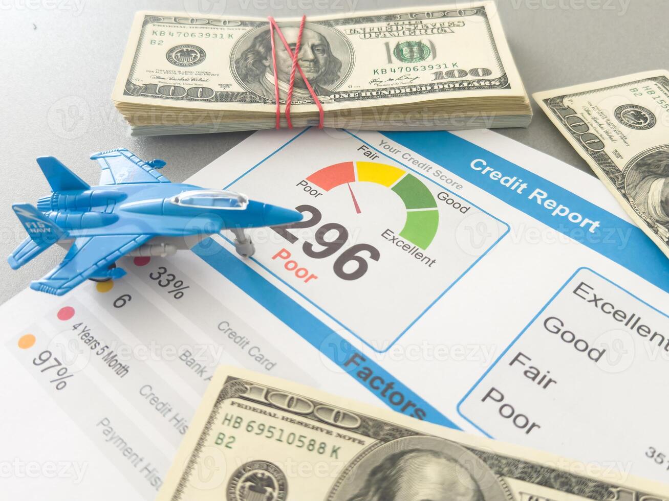 Credit Report text on paper sheet with toy fighter, war photo