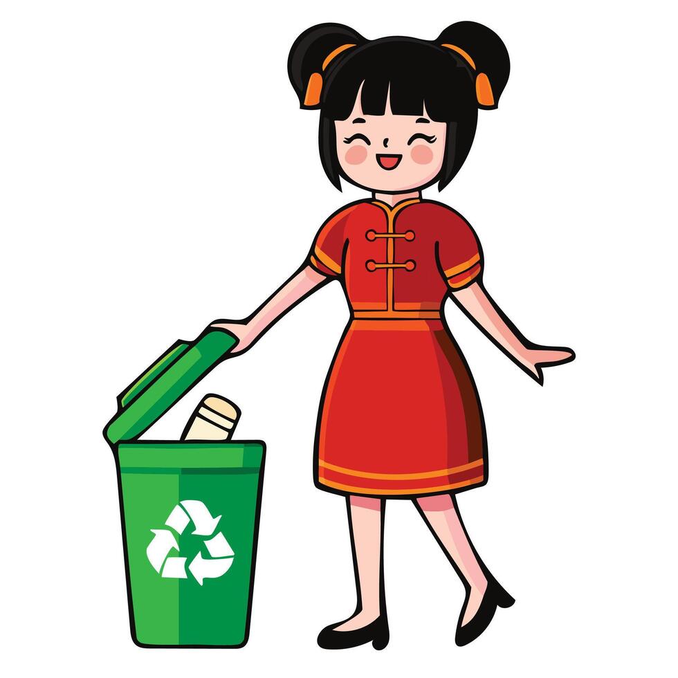 A cartoon girl with cute hair buns in a red Chinese cheongsam qipao, promoting sustainable Lunar New Year festivities by recycling, spreading an eco-friendly celebration message. vector