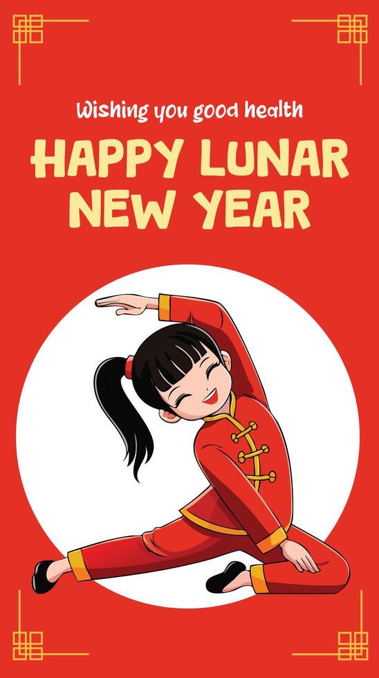 A mobile greeting card featuring a cute girl with a ponytail in a red Chinese cheongsam qipao performing a mermaid yoga stretch and tai chi pose, wishing a happy Lunar New Year and good health. vector