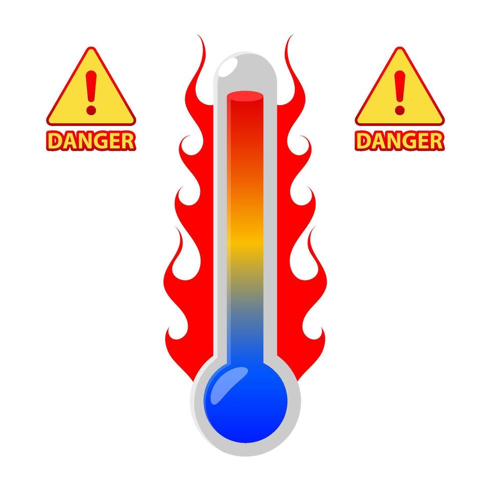 Thermometer in fire flames, high temperature warning, hot summer day, heatwave, climate change concept vector