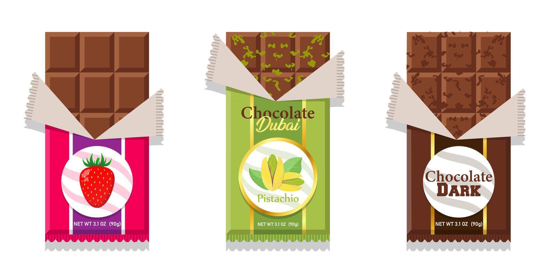 Chocolate bar with strawberry pistachio dark chocolate set illustration vector