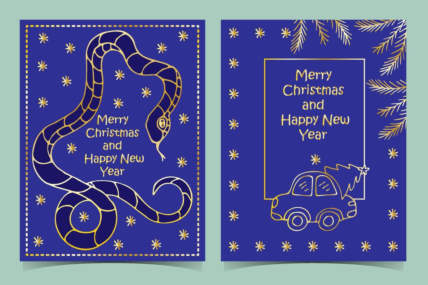 set of New Year greeting cards, hand-drawn in cartoon style on a blue background. vector