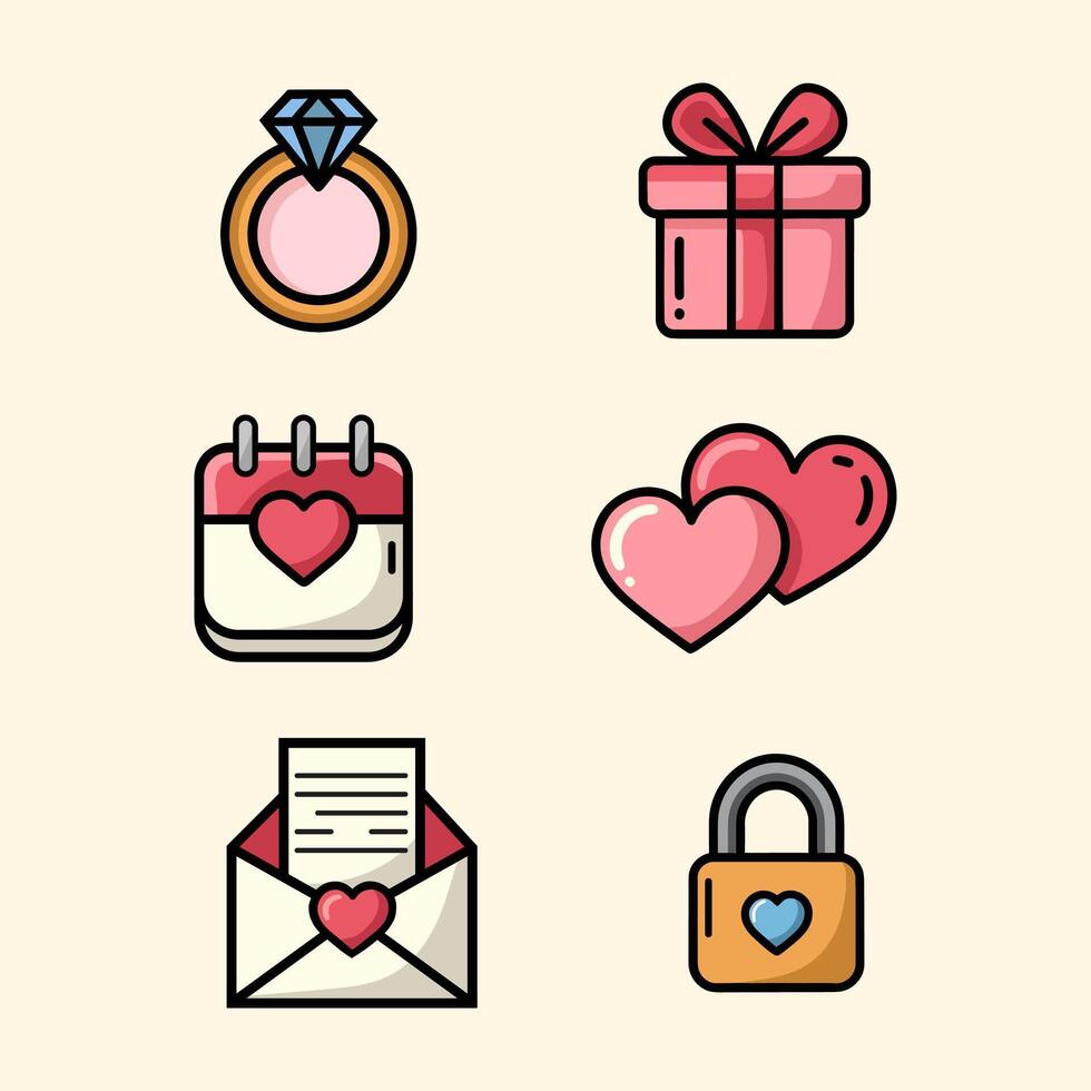 Cute Happy Valentines Day Icon Set. vector