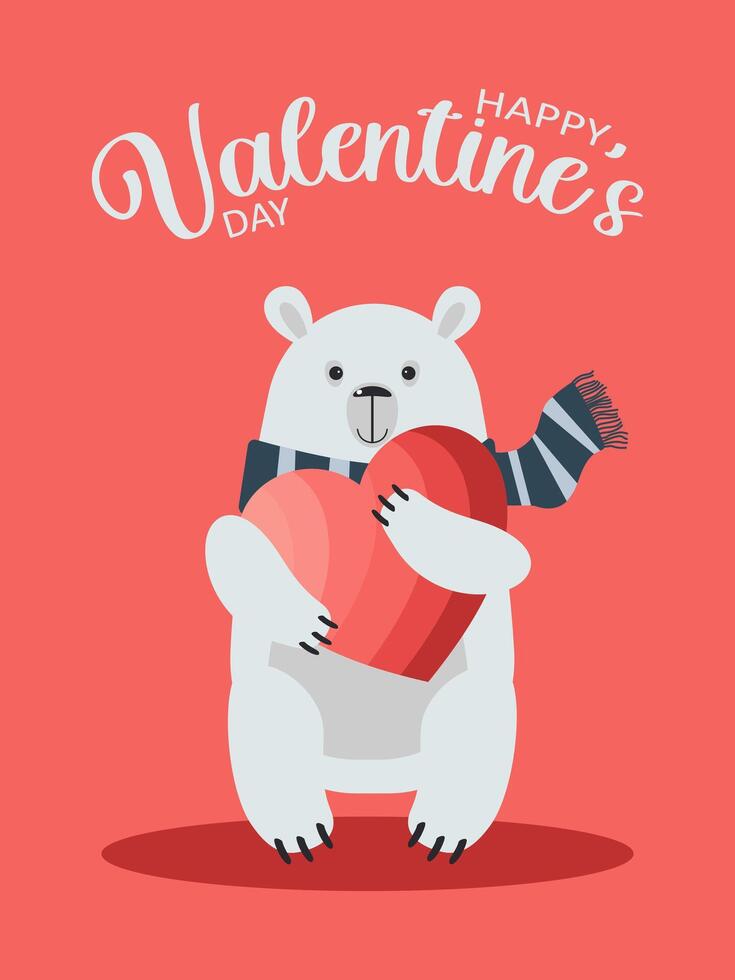 A cute cartoon polar bear holds a red big heart in its paws on a pink background. vector