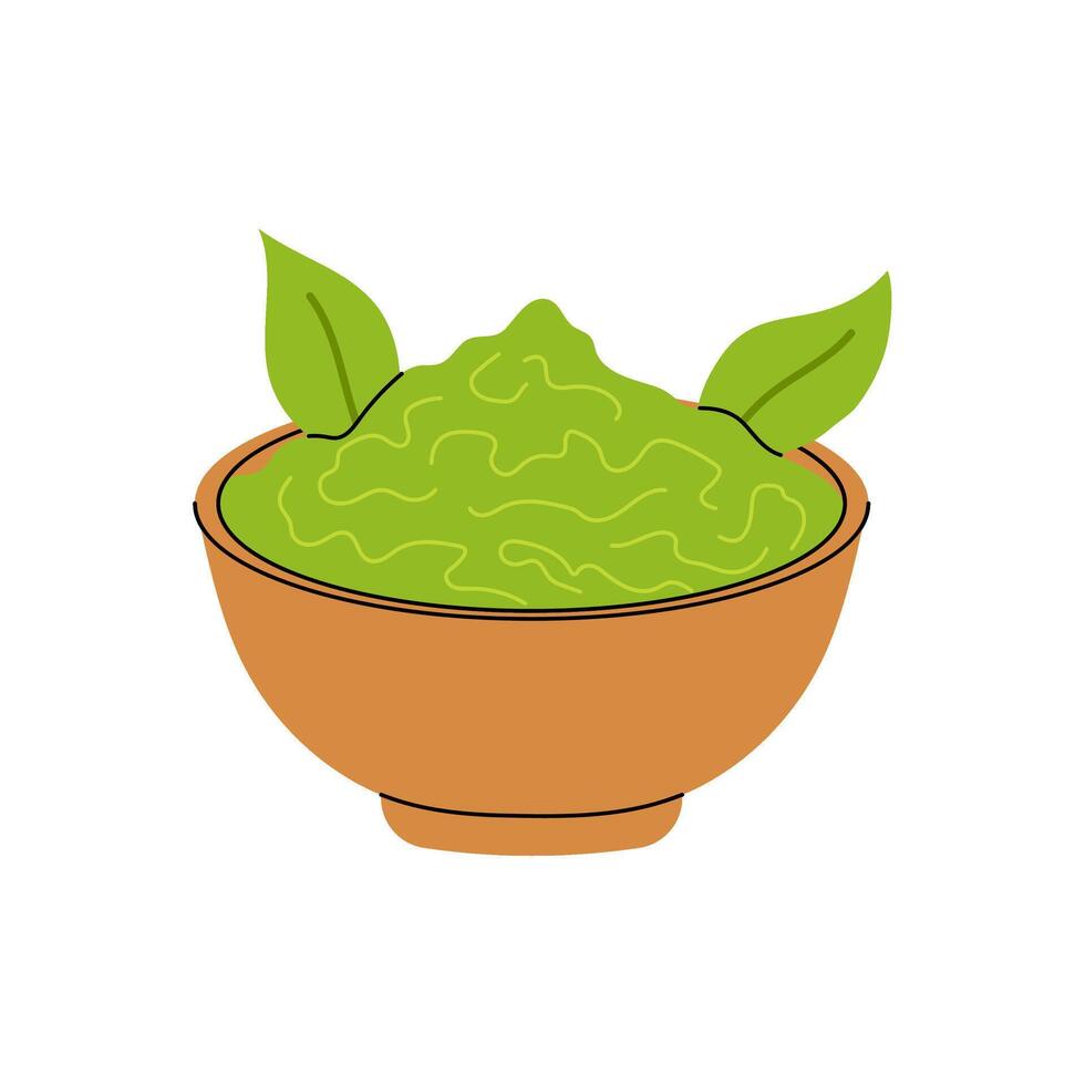 Ground matcha powder in a wooden bowl. Green tea, ingredient for making a drink. Flat illustration on white background. vector