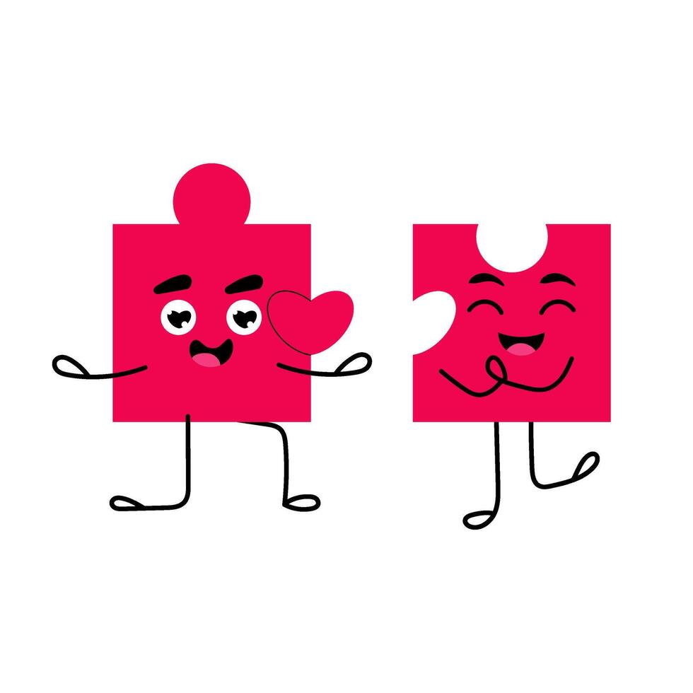 Puzzle. Cartoon character of puzzle with face. Emotions, love. Flat hand drawn illustration on white background. vector