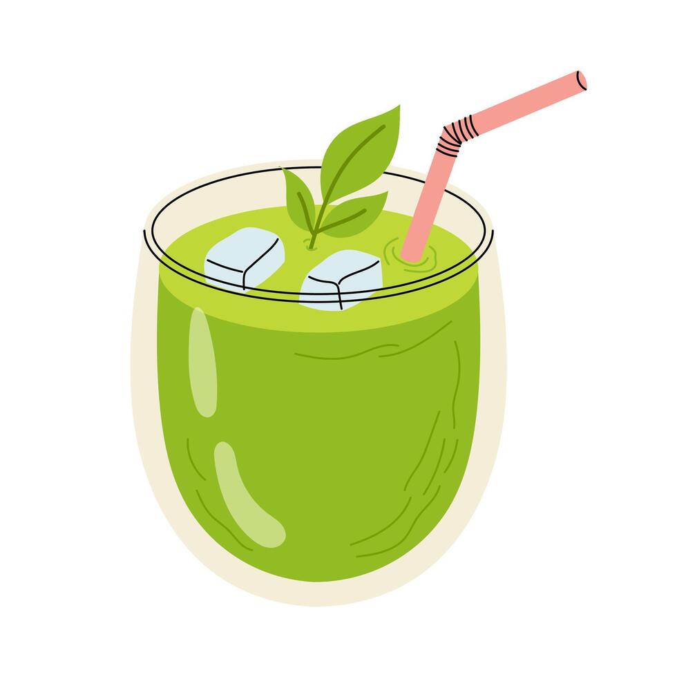 Cold matcha drink with ice cubes. Green tea drink. Elements for menu, recipe, label, packaging design. Trendy asian beverage. vector