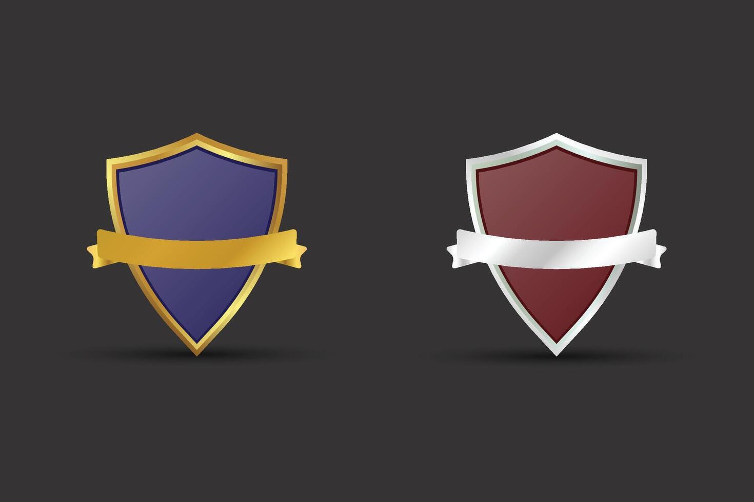 Premium quality golden and silver emblem shield shapes with ribbon. Blank badge element with text space on a dark background. Shield shape for Award, Seal, and Exclusive membership Logo design. vector