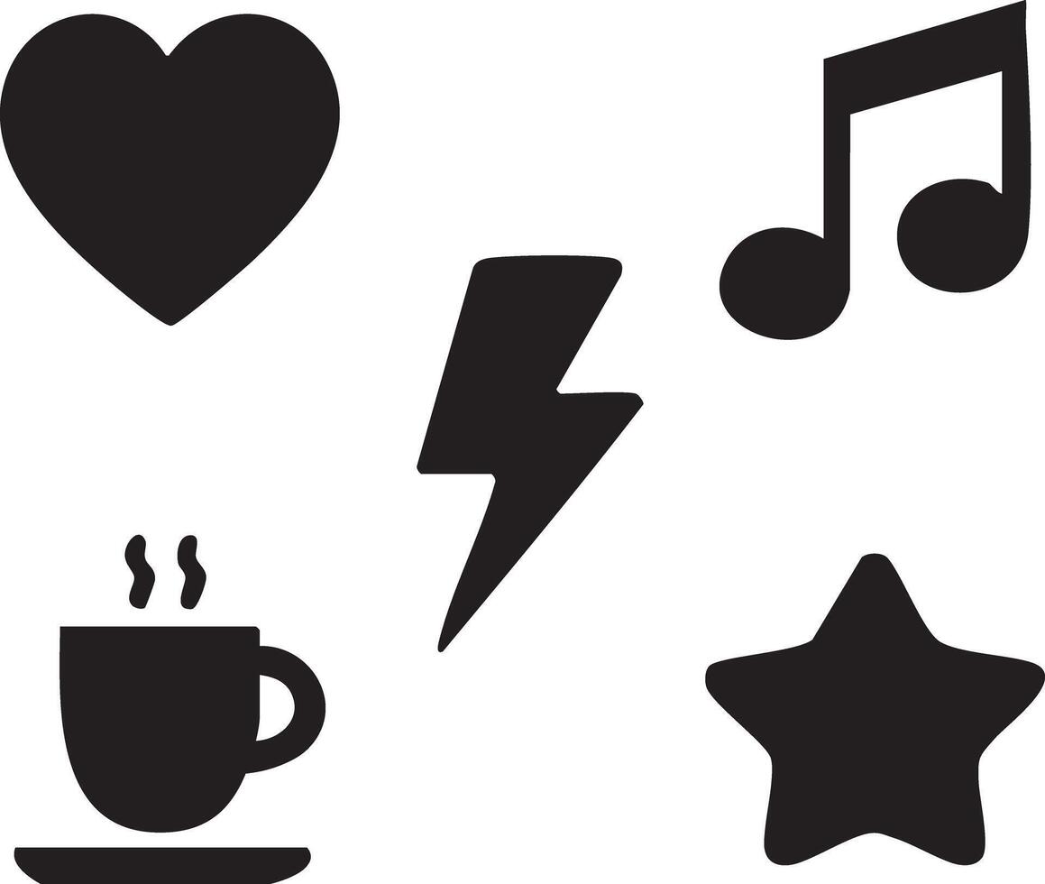 a set of icons for a coffee cup, heart, music note, and star vector