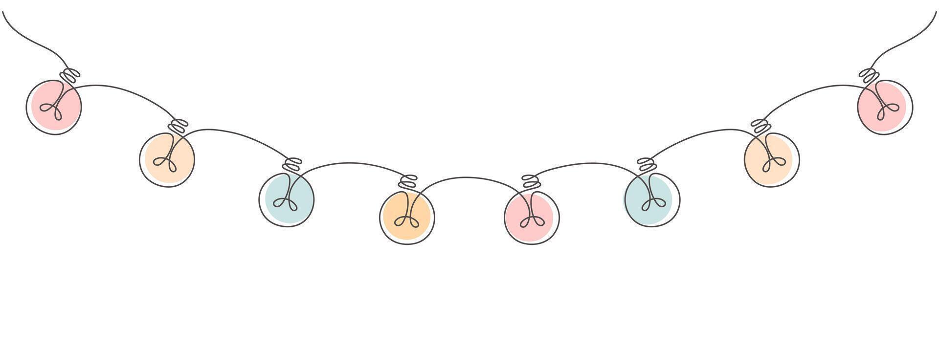 Continuous one line drawing of christmas garland with light bulbs. Holiday garland in simple linear style. Illustration vector