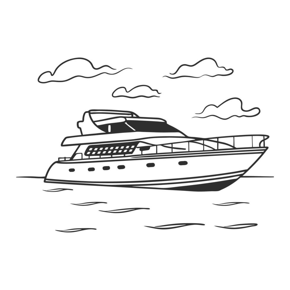Yacht in the sea. Outline illustration on a white background. Sketch for coloring. vector