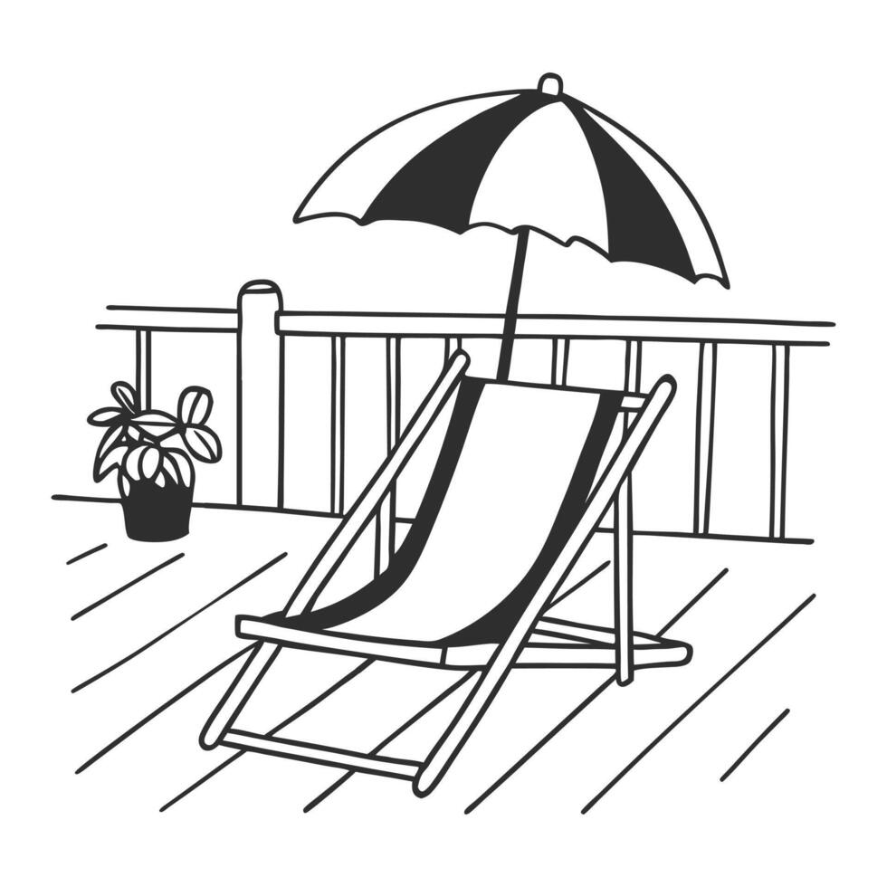 Beach lounger with umbrella on terrace. Summer landscape. Hand drawn illustration. Sketch for coloring vector