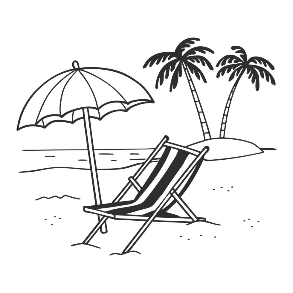 Beach chair with umbrella and palm trees. Summer landscape. Hand drawn illustration. vector