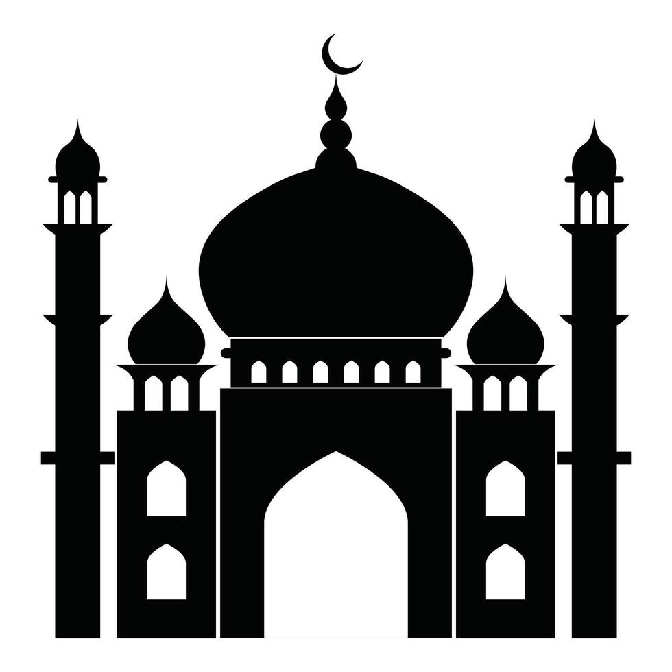 Black silhouette mosque with minaret on white background. vector