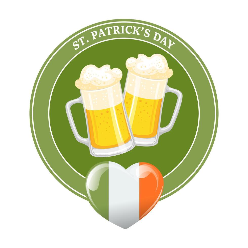 Beer mugs with Irish flag in heart shape. St. Patricks Day. Festive illustration, icon, logo vector