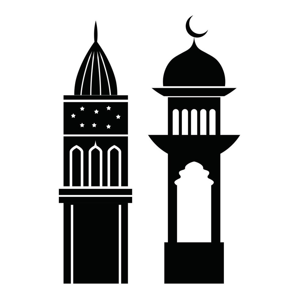 Black silhouette mosque minaret on white background. vector