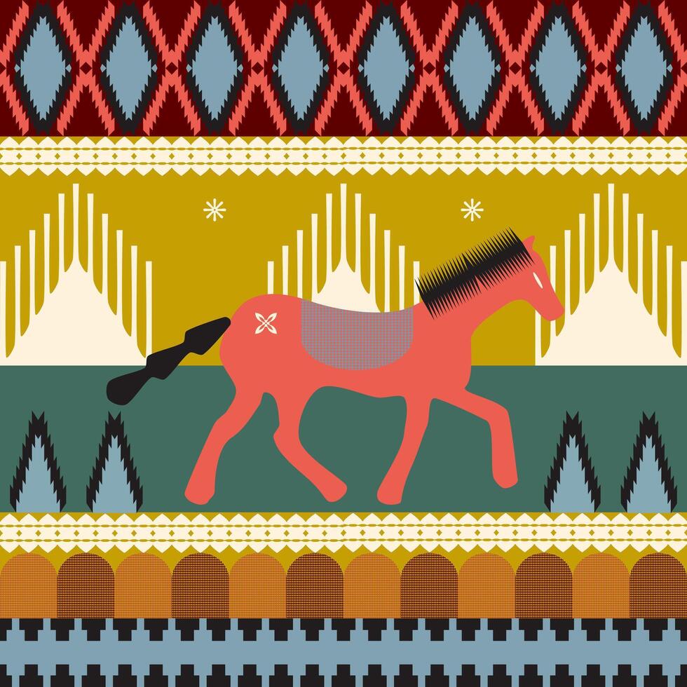 Horse Folk Artwork With Tribal Ethnic Abstract Background For Printing And Wallpaper. vector