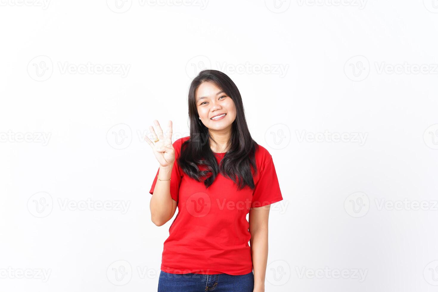 Smiling and showing counting finger, Four Finger Of Beautiful Asian Woman wearing red Isolated On White Background photo
