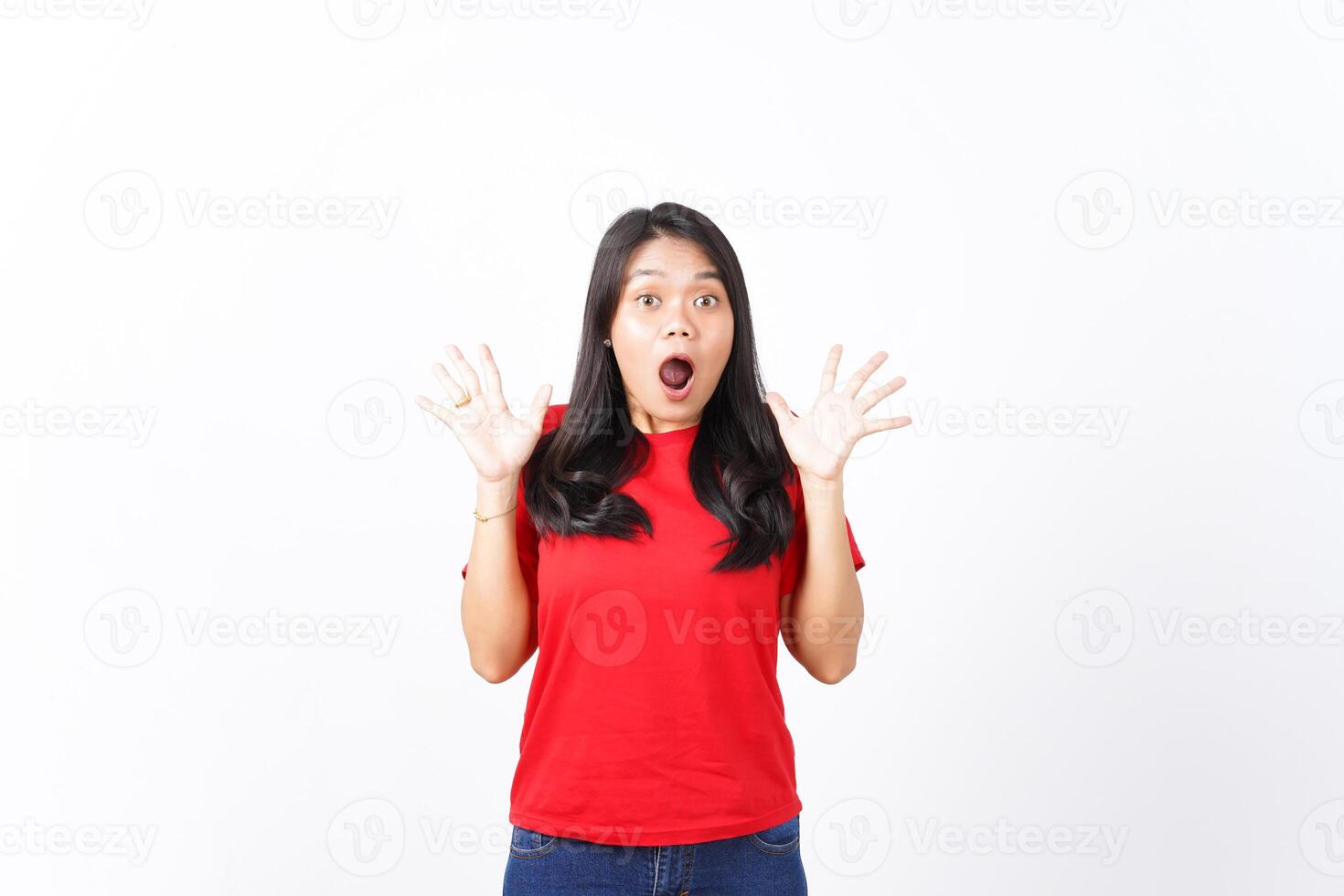 WOW Shocked Face Expression Of Beautiful Asian Woman wearing red Isolated On White Background photo