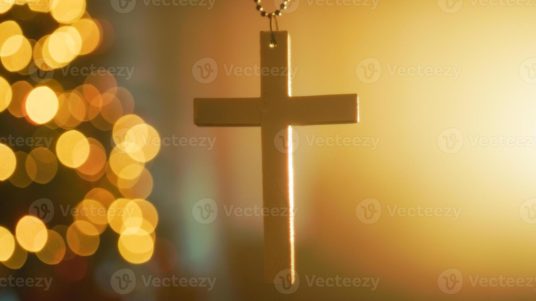Crucifix Of A Christian Christmas In Front Of Tree Faithful Religious Background photo
