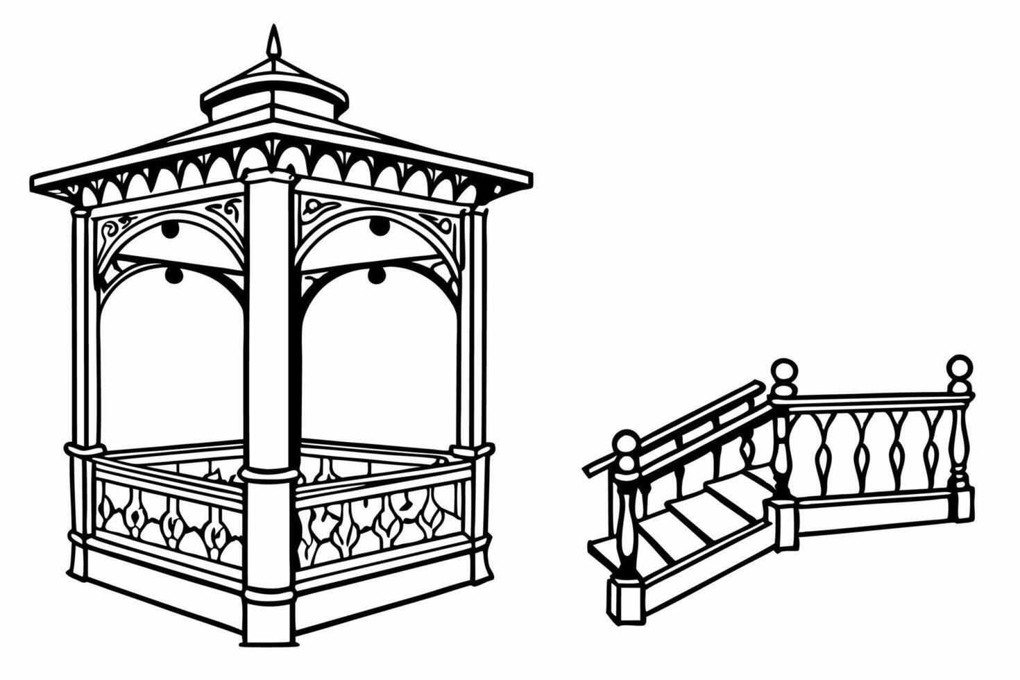 a gazebo and stairs are shown in black and white vector