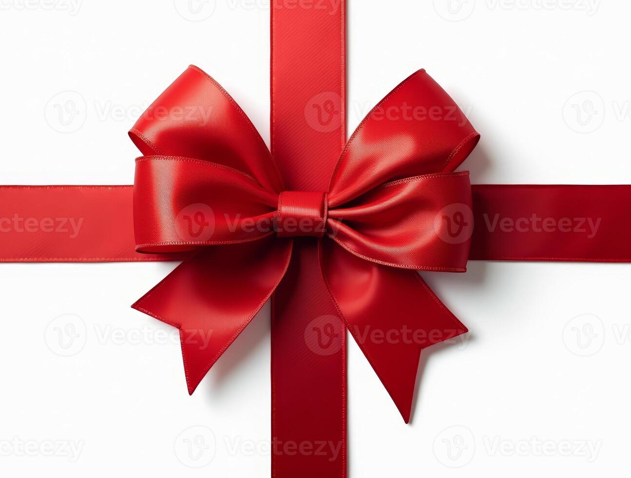 Red satin bow with ribbon isolated on a white background. Elegant gift decoration for holiday, celebration, or packaging design photo