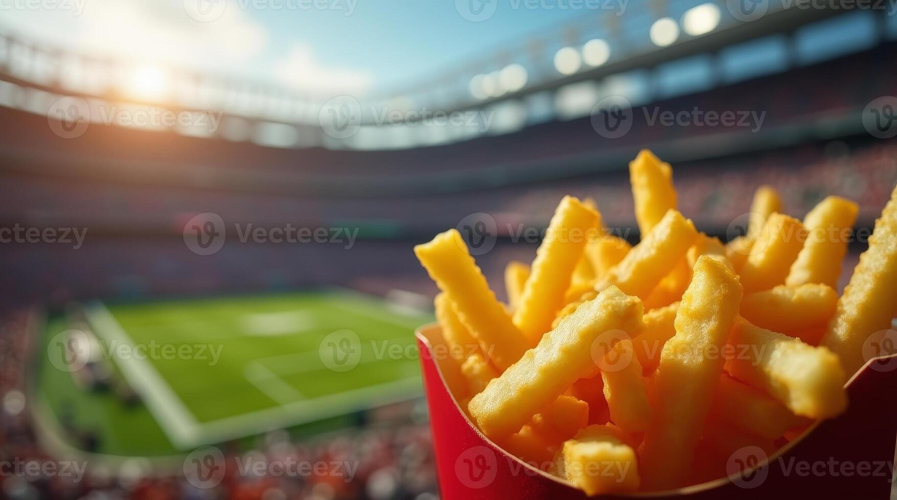 Crinkle-cut French fries in a red box with a blurred view of a sports stadium in the background. Game day food concept, copy space photo
