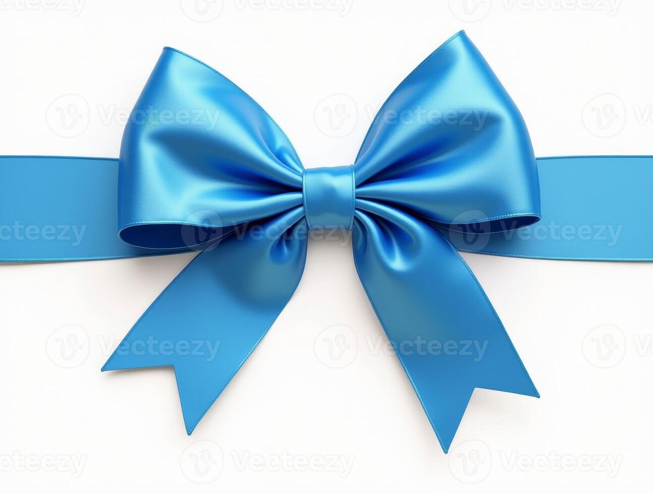 Blue satin ribbon bow with long tails on a white background. Isolated decorative element for gift wrapping and design projects photo