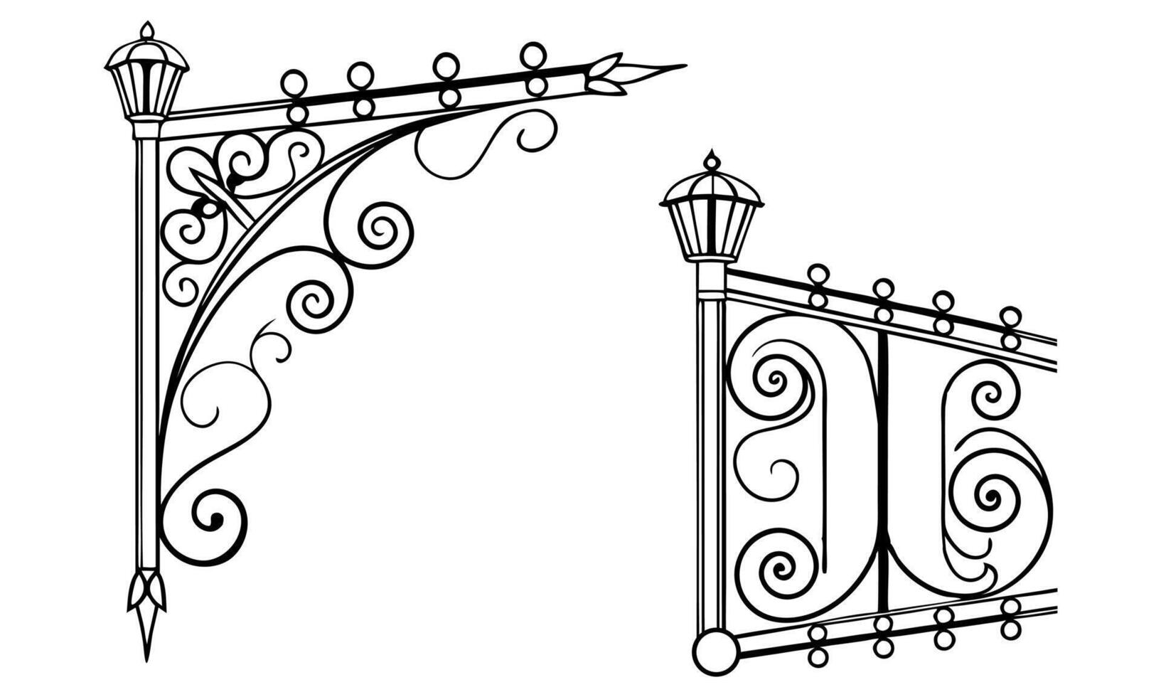 a black and white drawing of a wrought iron fence vector