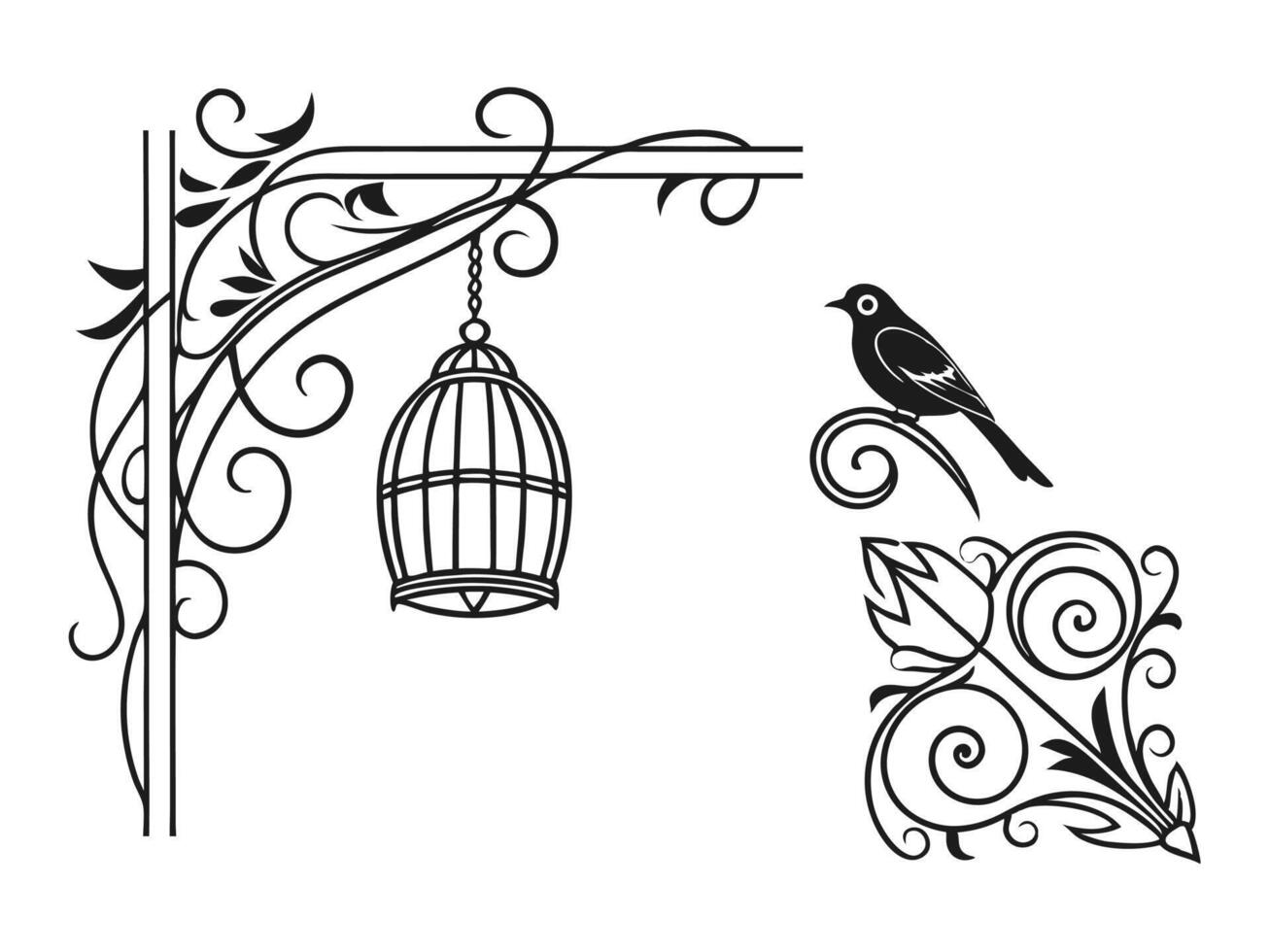 bird and cage on a branch with ornamental design vector