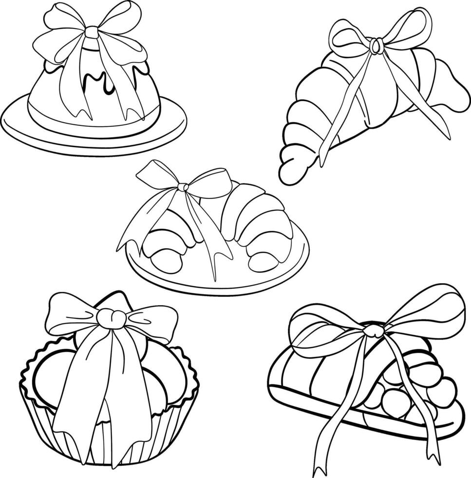 Outline Desserts with Bows for Coloring vector