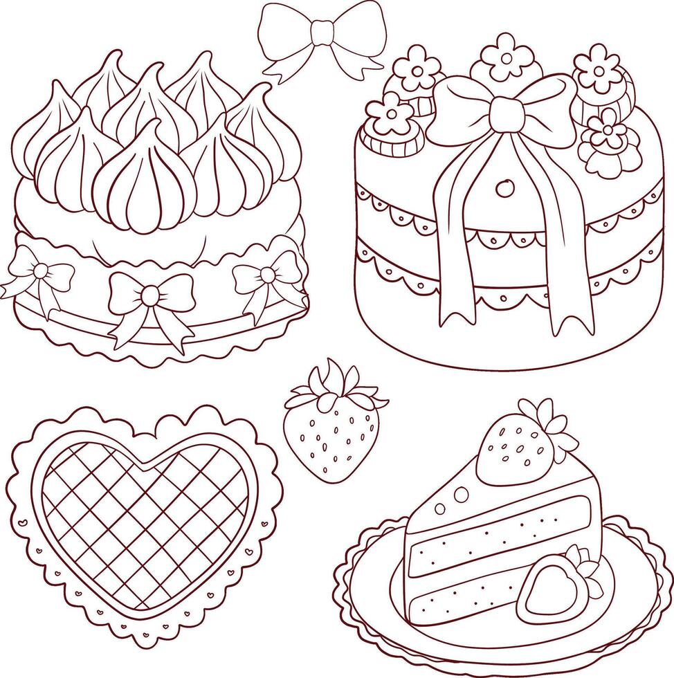Outline Cake and Dessert Collection with Bows vector