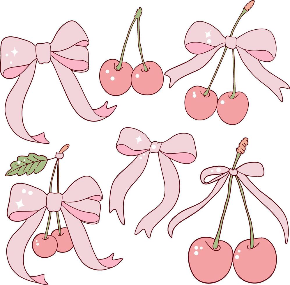 Charming Pink Cherries with Bows vector