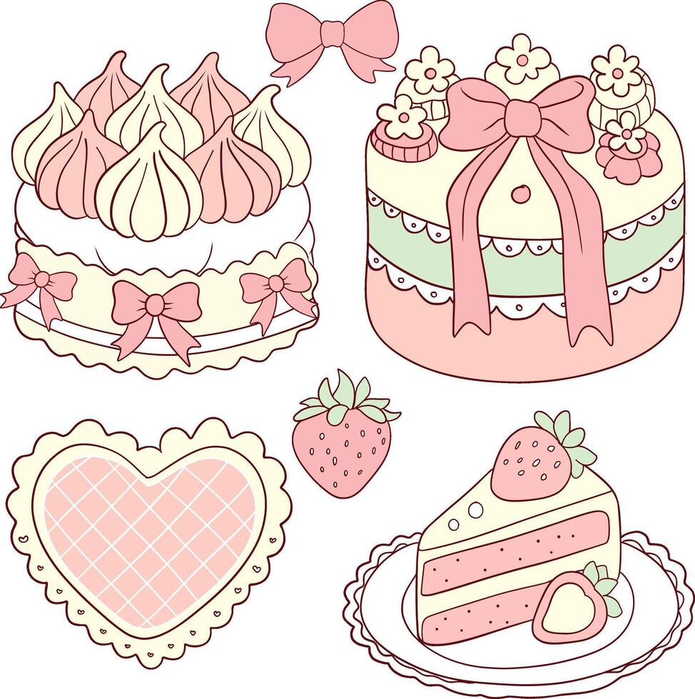 Pastel Cake and Strawberry Illustration with Bows vector