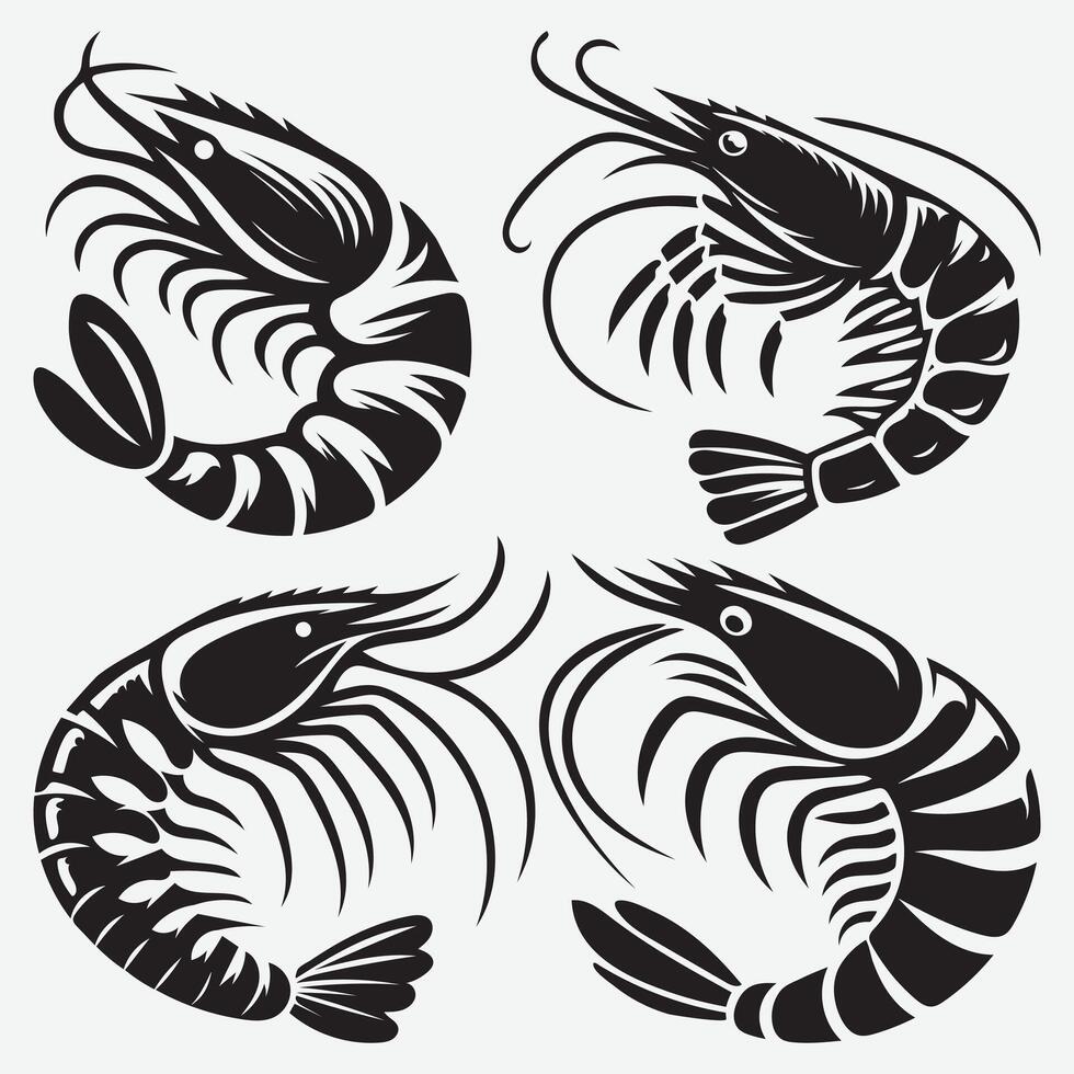 Creative Shrimp Fish Silhouettes in Artistic Bold Style for Versatile Design Uses vector