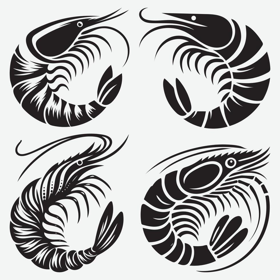 Shrimp Fish Silhouette Set Clip Art Illustration Isolated on White Background vector