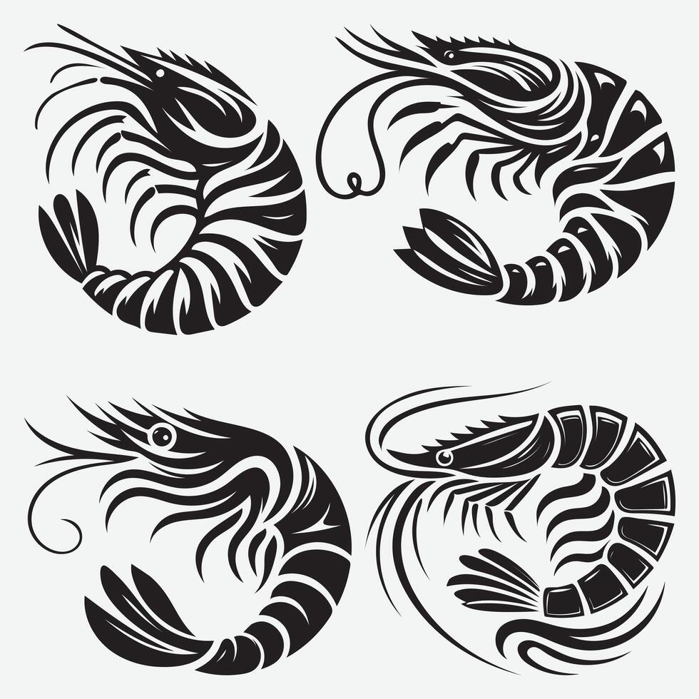 Minimalist Shrimp Fish Silhouettes Set Perfect for Modern Creative Applications vector