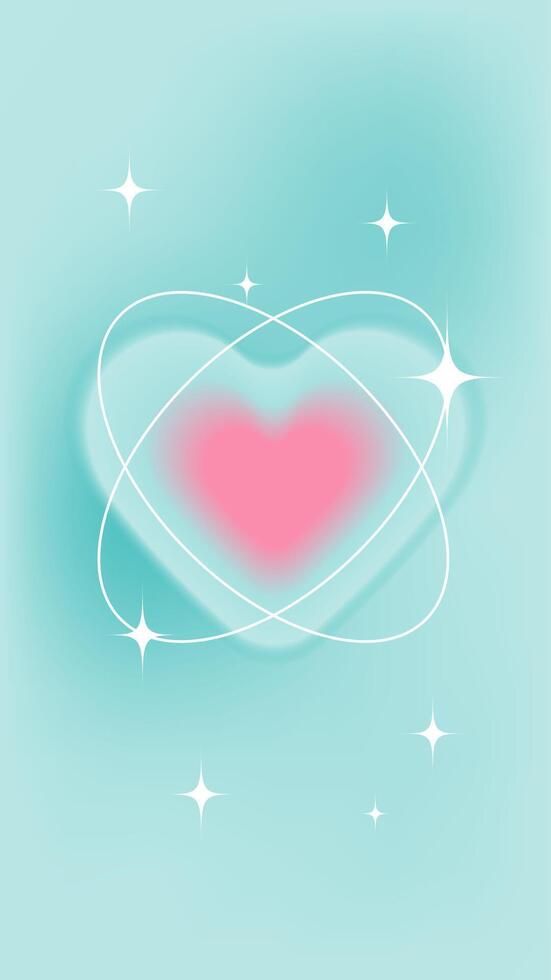 Glowing Pink Heart with Sparkling Stars. Pastel cover story of a pink heart surrounded by glowing white lines and sparkling stars on a soft turquoise background. vector