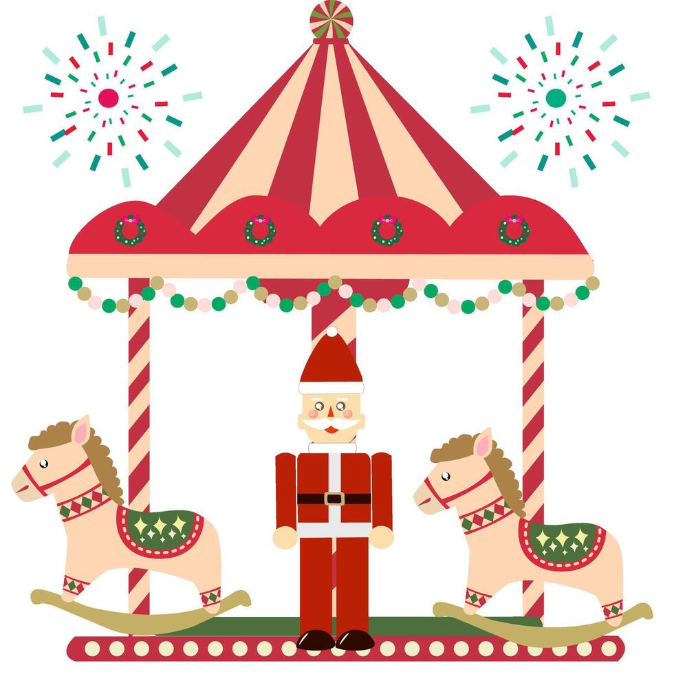 Xmas Carousel with fireworks icon..Circus style. Little Rocking horse of element. vector