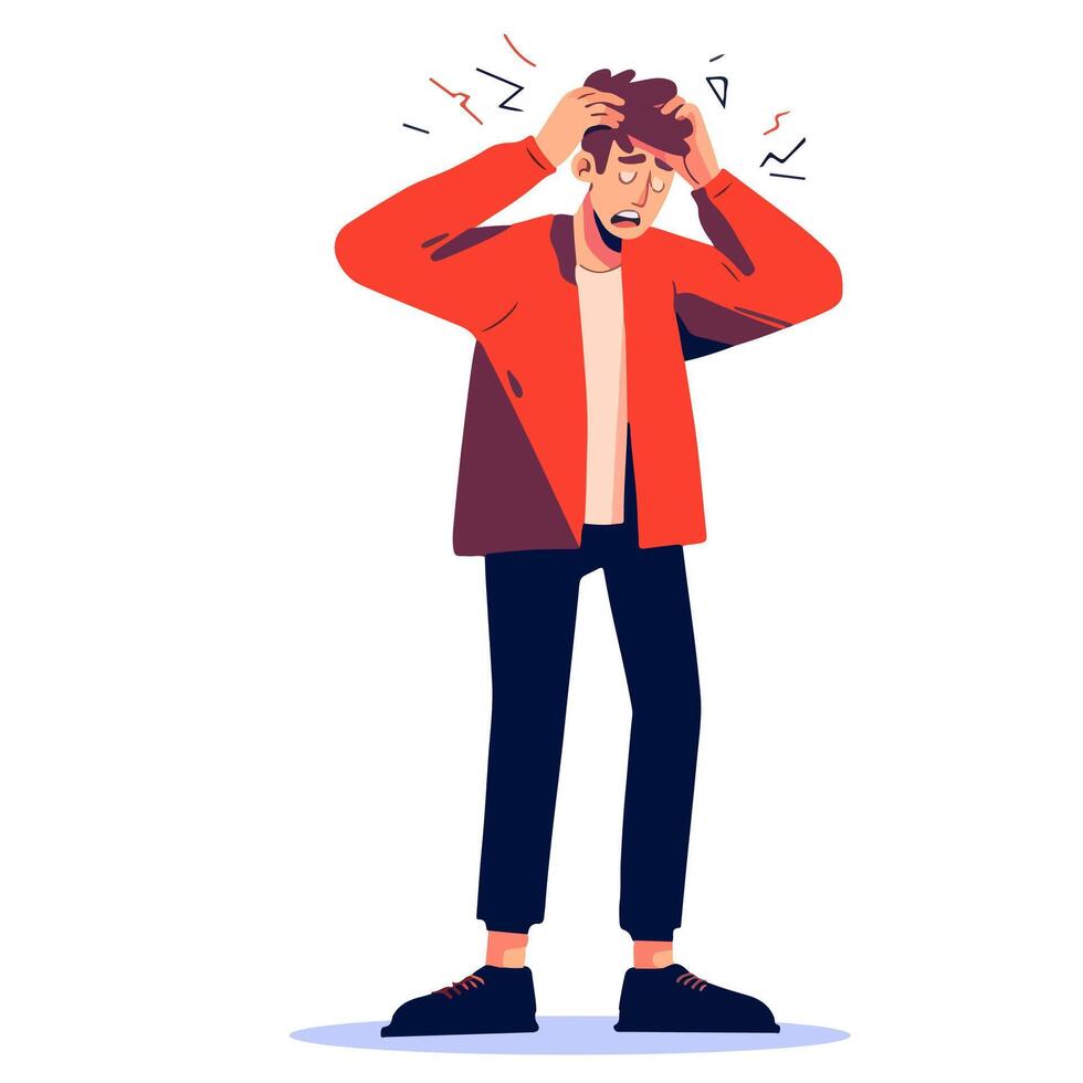Illustration of a stressed man clutching his head, depicting information overload, anxiety, and the pressures of modern life vector