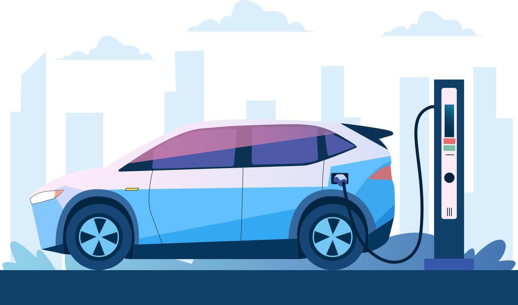 Electric Vehicle at charging station in a cityscape, ideal for showcasing eco-friendly transportation, urban mobility, and a greener future vector