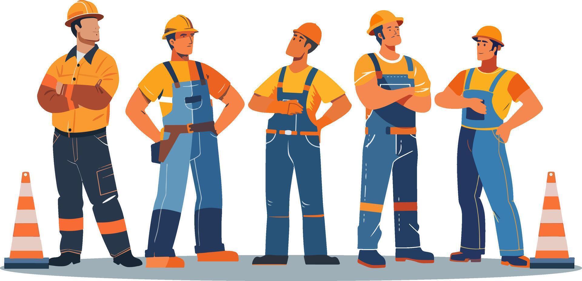Illustration of construction workers in hard hats and safety gear standing together, engaged in a discussion vector