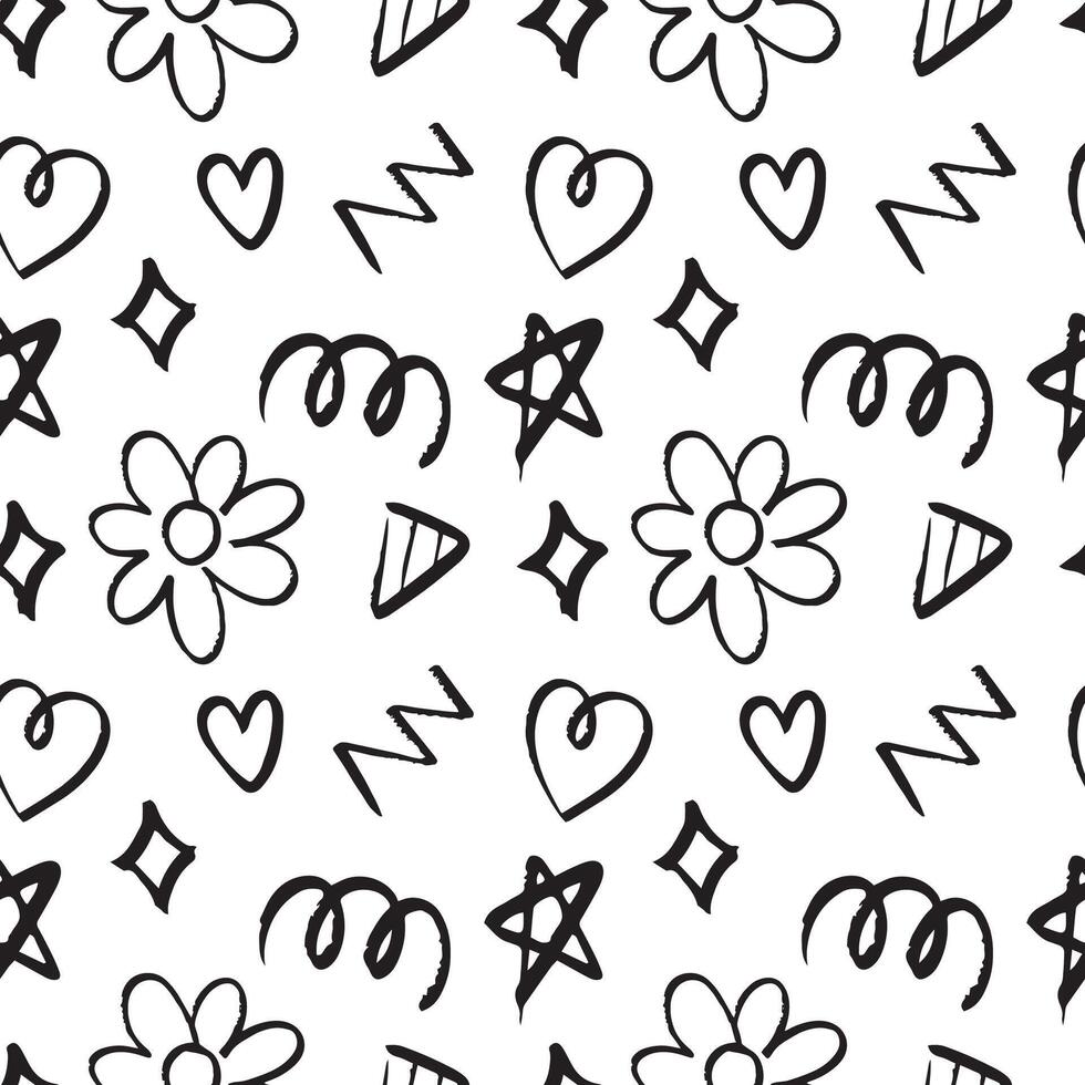 Doodle hand drawn cartoon seamless pattern background. Cute stuffs with stroke. Flower, star and heart vector