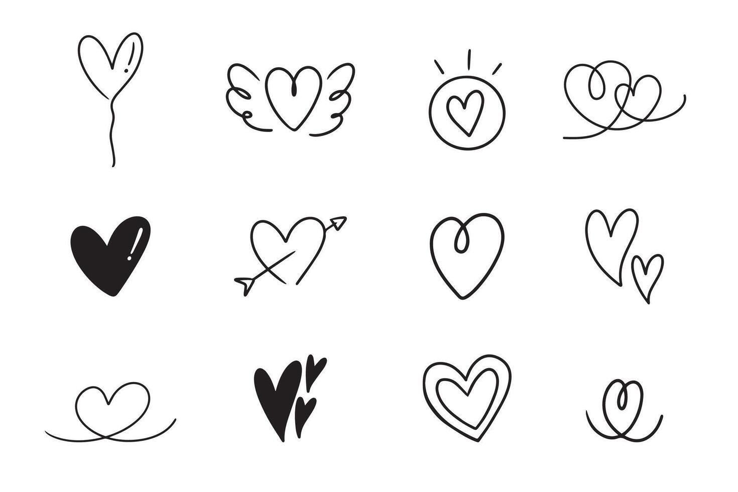 Heart or love doodle cartoon hand drawn with black line for element, illustration and valentine. Different shapes vector