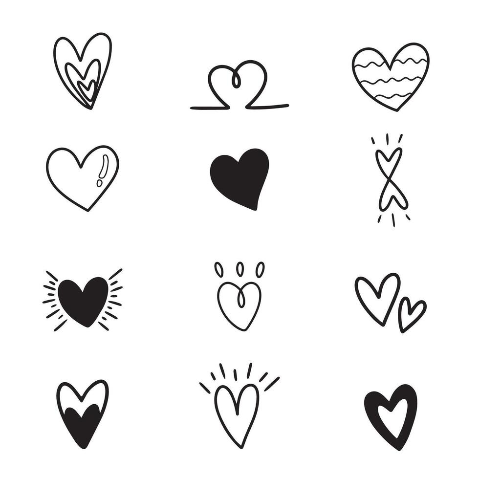 Heart and love doodle hand drawn with outline for element, illustration and valentine. Different shapes vector