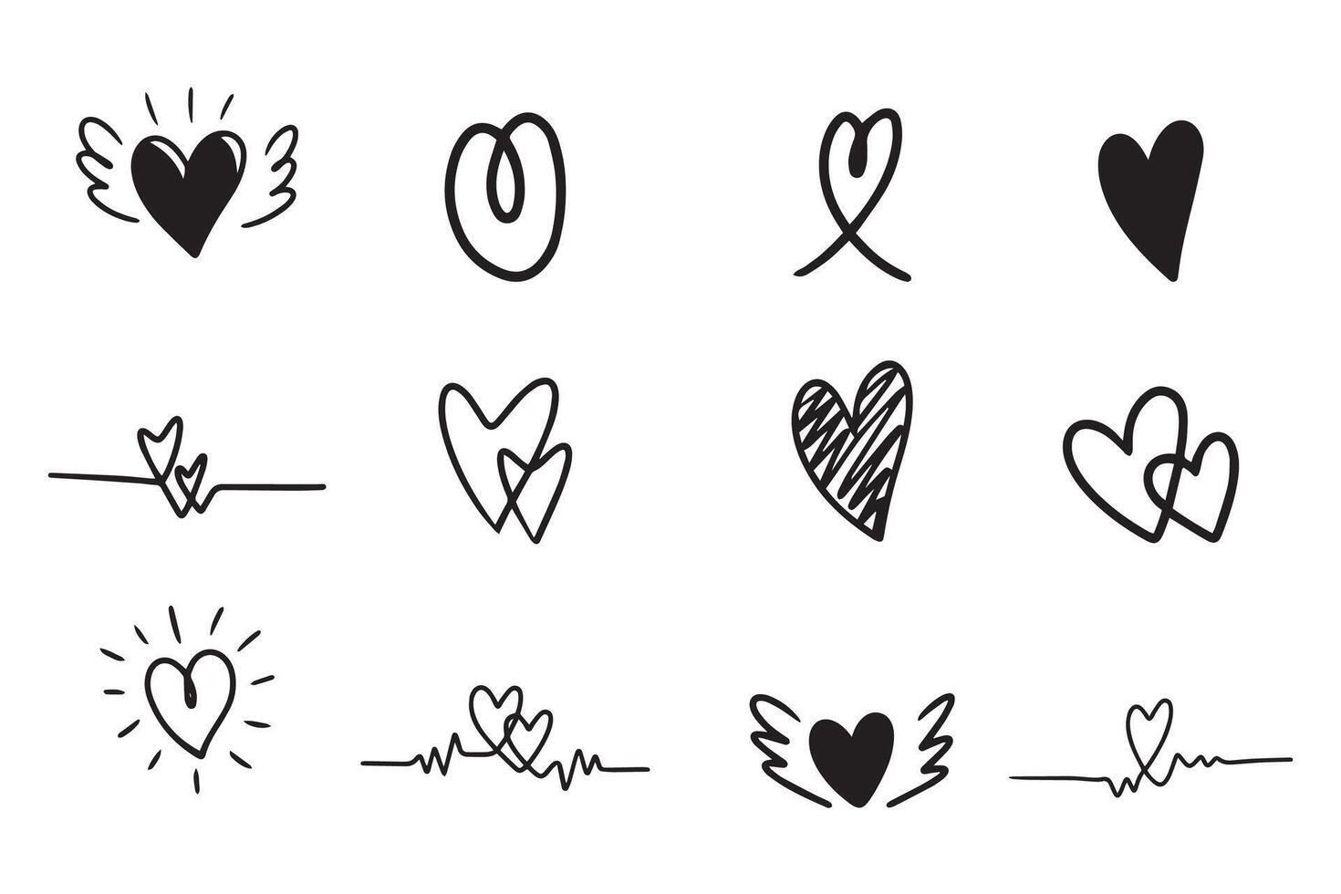 Heart or love doodle cartoon hand drawn with black and different shapes for element, illustration, valentine and celebration vector